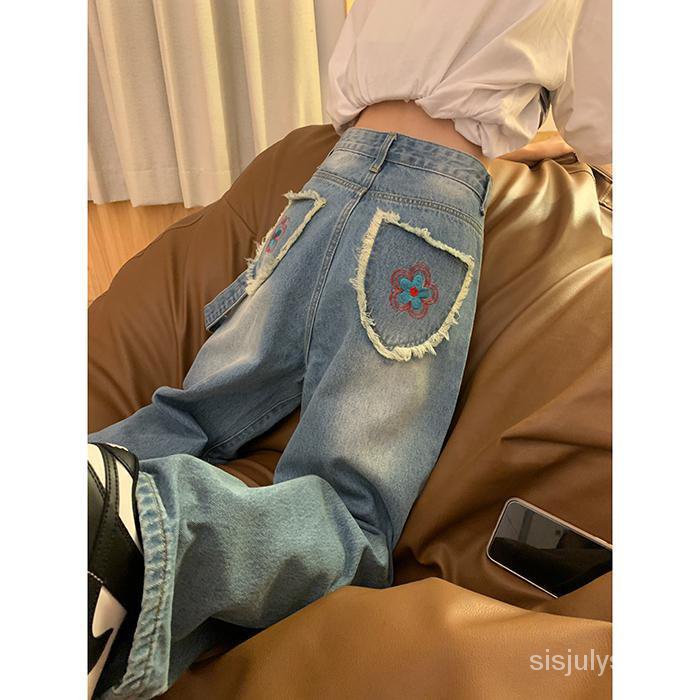 #Sisjuly# Celana jins biru wanita baru longgar lurus gaya korea pelangsing celana kaki lebar pinggan
