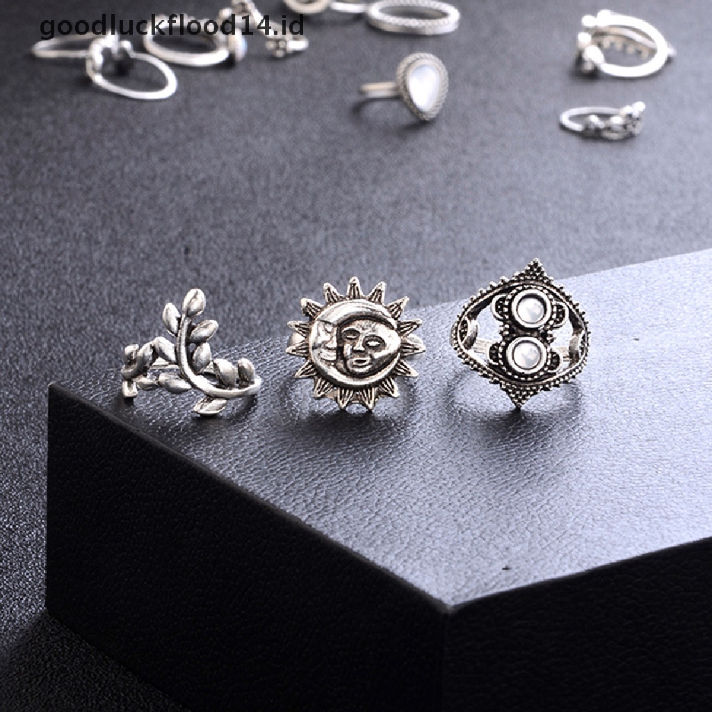 [OOID] 14Pcs/Set Boho Stack Crystal Flower Moon Sun Knuckle Ring Midi Finger Rings ID