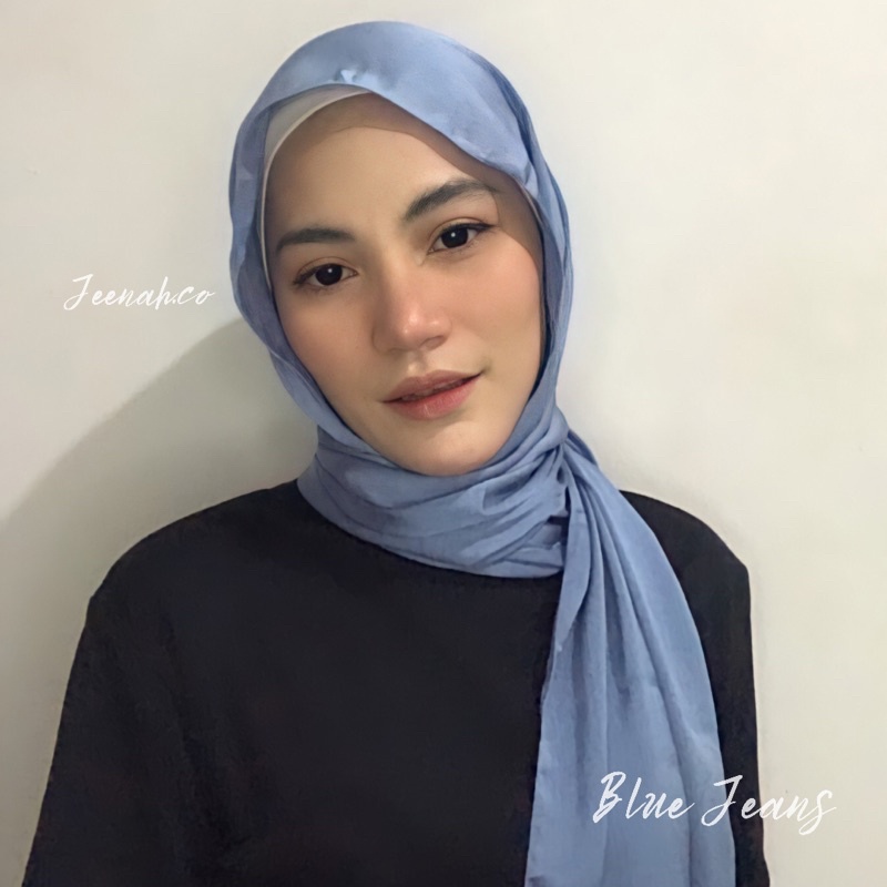 Pashmina Premium Satin Silk Malaysia Textured Crinkle (JAHIT TEPI KECIL SUPER RAPI)-Blue jeans