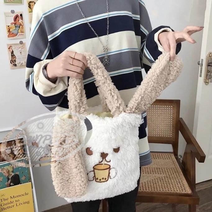 Tas Tote Bag Bulu Lucu Tas Bulu Wanita Motif Kelinci - Cream SPECIAL