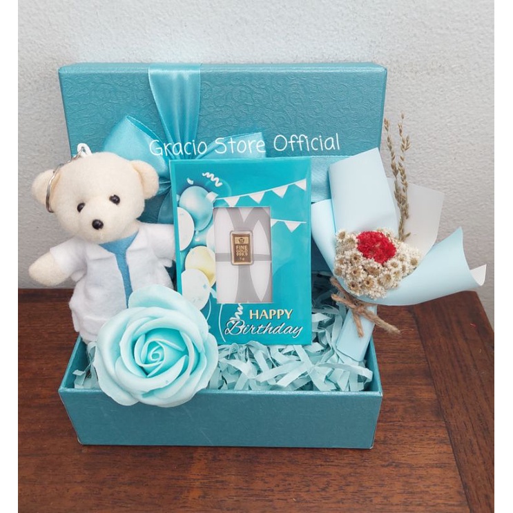 GIFT BOX SPESIAL BIRTHDAY NUANSA BLUE HAMPERS LOGAM MULIA ANTAM 1 GR