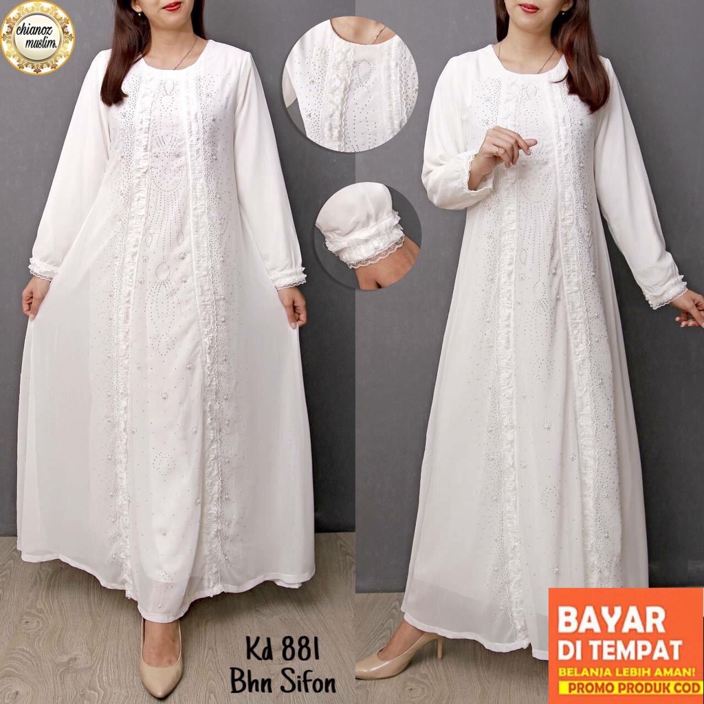 CHIANOZ Gamis Putih Mewah Serena Dress Brukat Renda Baju Lebaran Umroh Haji Manasik Pesta Akad 881