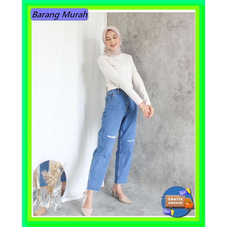 Celana Panjang Pinggang Karet - Celana Levis Legging Wanita - Jeg GQ272 Bjd - Celana Bf Wanita Rippe