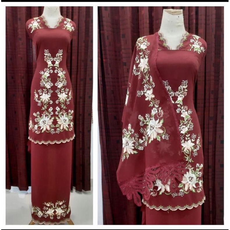 Bahan Baju Kurung Bordir Set Selendang Motif Bordir Suji Caia (Ceruty)