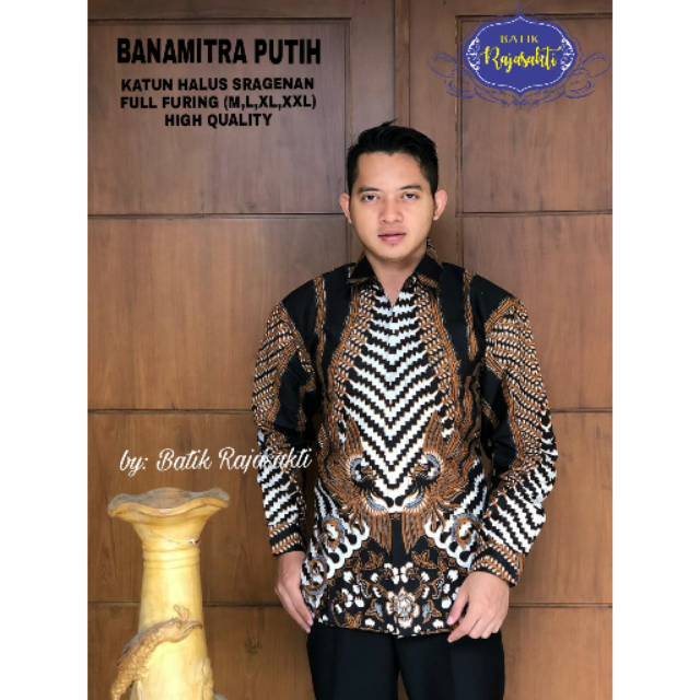 Batik Solo BANAMITRA PUTIH Kemeja Pria Katun Halus Sragenan Full Furing