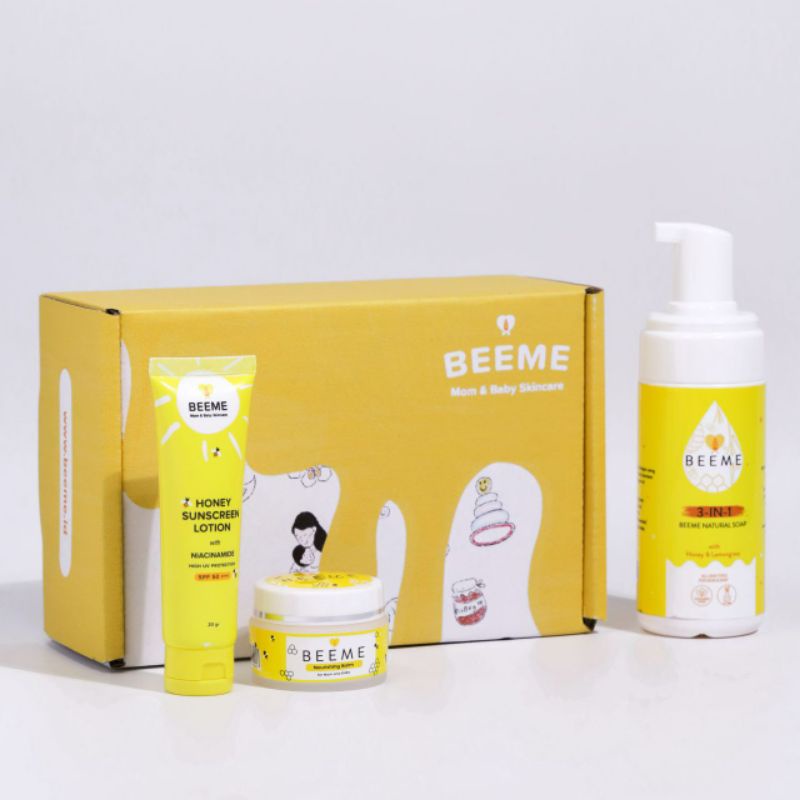 Paket lengkap beeme | natural soap beeme, beeme nourishing balam dan honey sunscreen spf50 niacinamide |  paket skincare anak