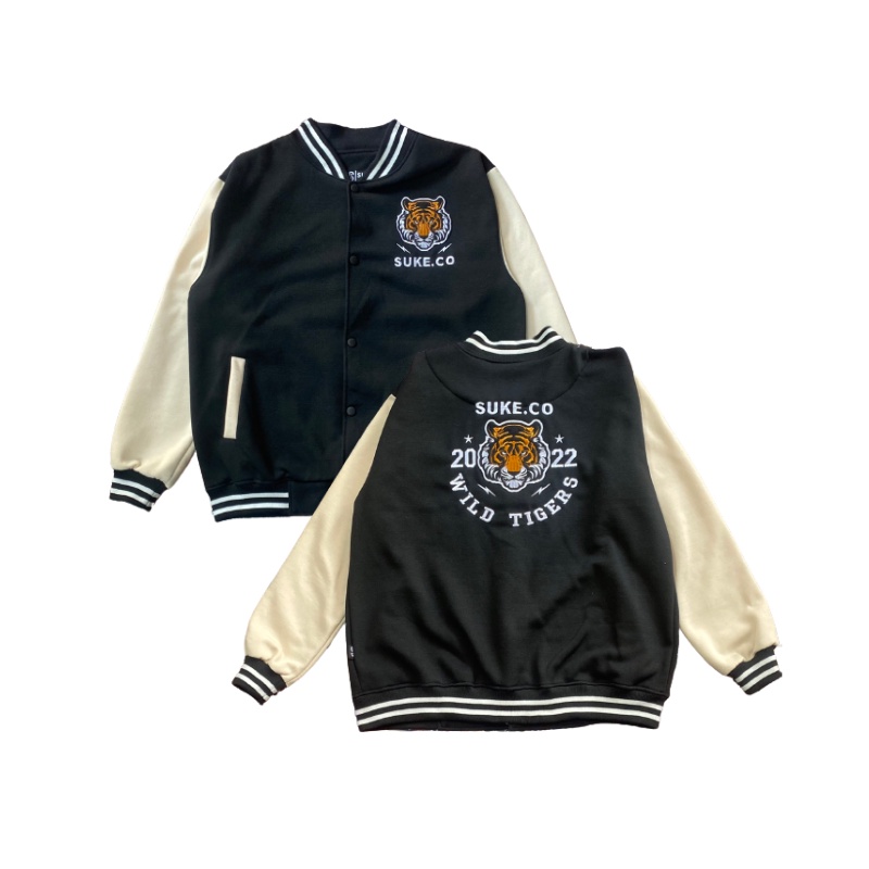 Suke Jacket Varsity Baseball Pria Wild Tigers Bordir Black