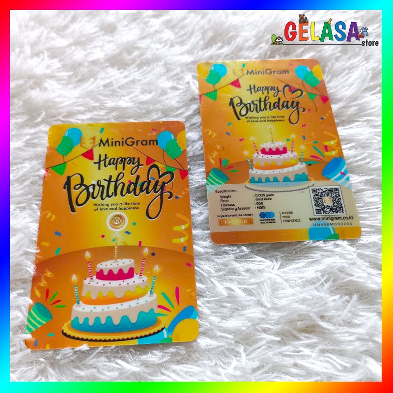 Gelasa Distributor Agen Resmi MINIGRAM Birthday Series Logam Mulia Emas Murni 24k Sertifikat Resmi (Gold 0.005gram)