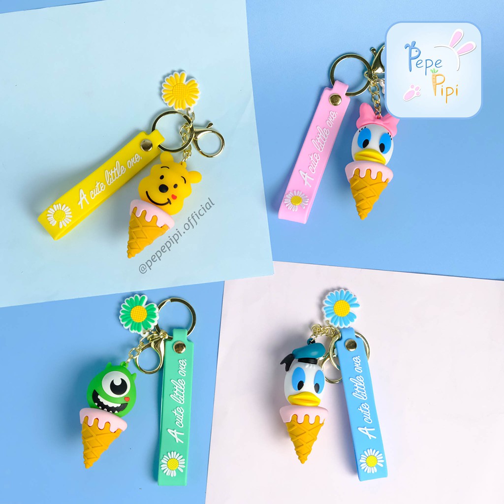 Gantungan Kunci Donal Mike Pooh Daisy Ice Cream Karet 3D Ganci Tas Keychain