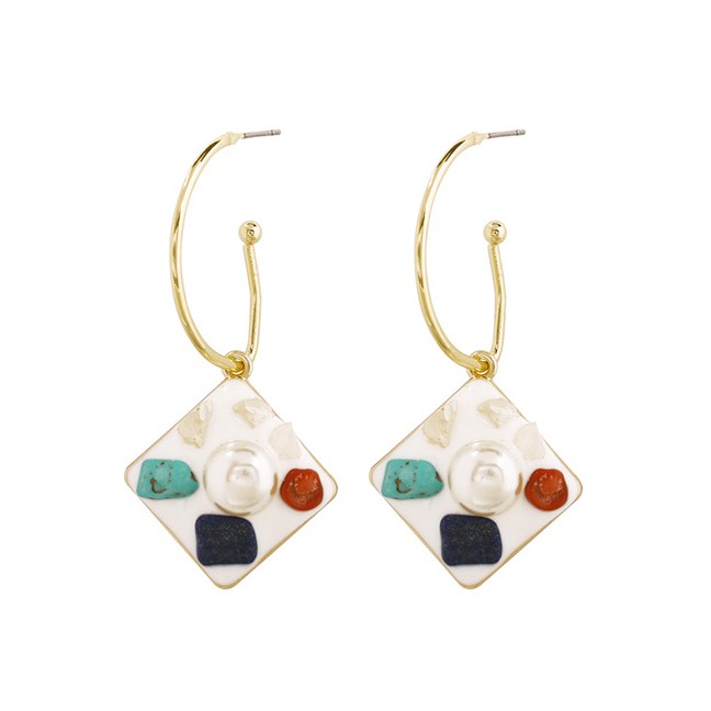 LRC Anting Tusuk Fashion Diamond Alloy Natural Stone Imitation Pearl Geometric Earrings F730XX