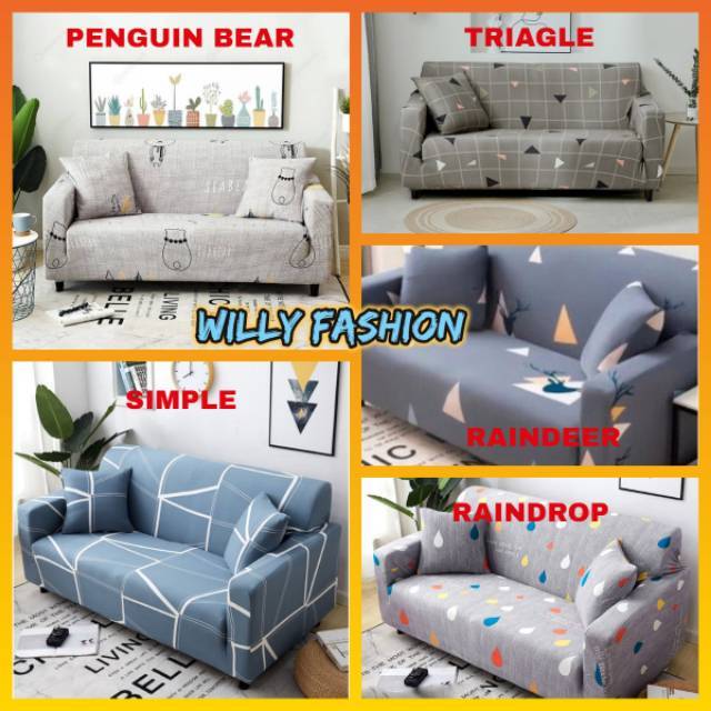 cover sofa elastis 3 seater murah bahan polyster import gratis sarung bantal