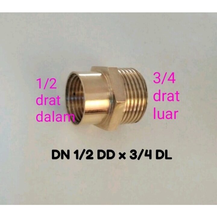 Kuningan dobel sok drat 1/2 drat dalam x 3/4 drat luar
