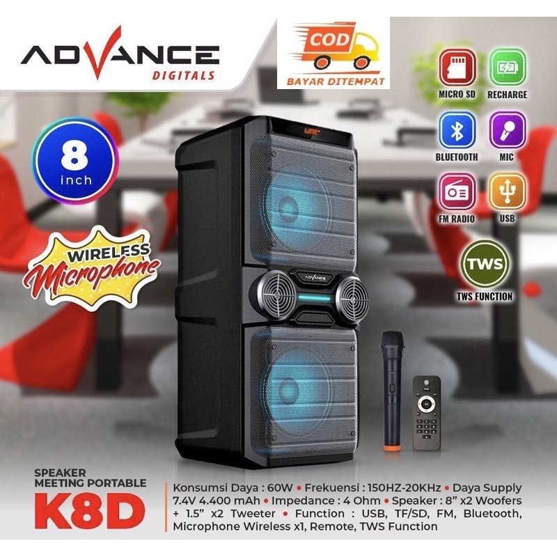 Advance K8D Speaker Meeting Portable Bluetooth Dual 8&quot; Double Woofer Free Mic