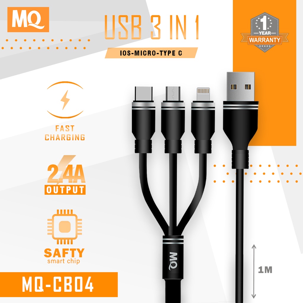 MQ Max 3A Lightning/ Android Kabel Data USB 3 in 1 Fast Charger iOS + Micro USB + Type C Quick Chargre 1.2M Nylon Braided