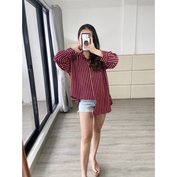 blouse atasan kemeja wanita jumbo salur / kemeja salur jumbo