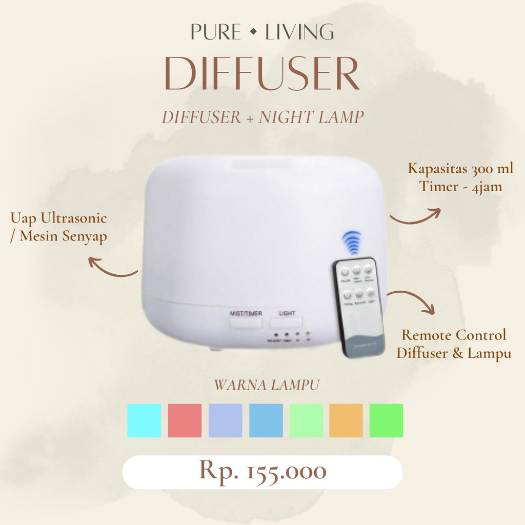 Pure Living Diffuser + Night Lamp 300ML Capacity - Essential Oil Diffuser