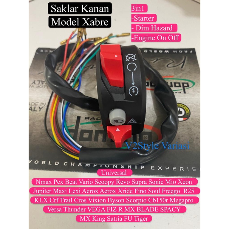 Saklar Kanan Domino Xabre 3 tombol On Off DIm Hazard Starter Nmax Pcx Beat Vario Scoopy Revo Supra Saklar Kanan Xabre 3 tombol Saklar Holder Kanan Starter Domino Xabre Ducati KLX CRF Vixion Xabre  3 FUNGSI TOMBOL ORIGINAL IMPORT Cbr Sonic Fu RxKin mx king