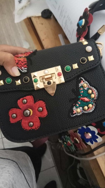 Tas Selempang wanita kulit sintetis Flower Embroidery mini Slingbag PU Import bordir bunga strap kanvas