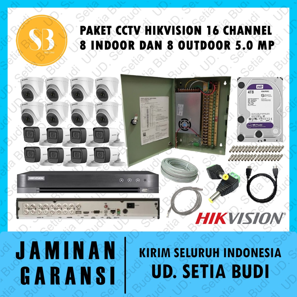 Paket FULL CCTV Hikvision 16 Channel 8 Indoor dan 8 Outdoor 5.0 MP