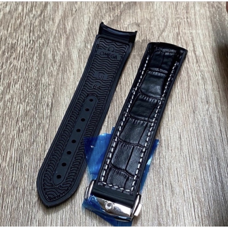 Strap-Tali Jam Omega Kulit Rubber 20&22mm (+) Buckle 18&20mm Hitam List Putih