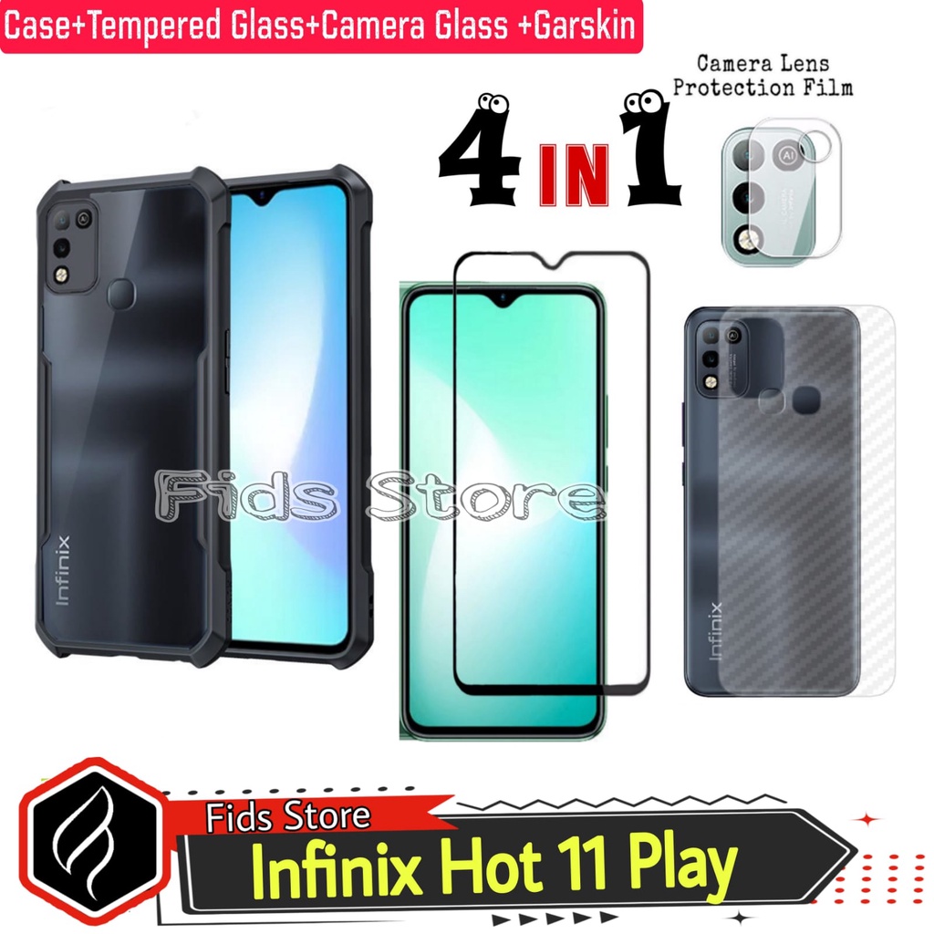 PROMO PAKET 4in1 INFINIX Hot 9 Play / HOT 9 / Hot 10 Play / Hot 11 Play Case +TEMEPERED GLASS FULL COVER BLACK + CAMERA LENS PROTEC FREE GARSKIN