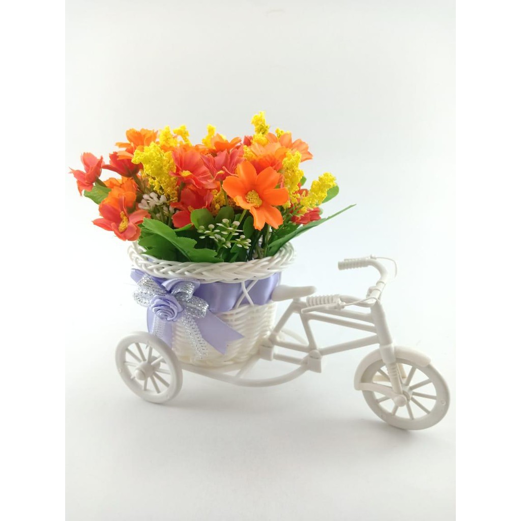 BUNGA SEPEDA SET BUNGA HIAS BUNGA PLASTIK VAS SEPEDA ROTTAN SET BUNGA DAISY BS6602-Orange tua