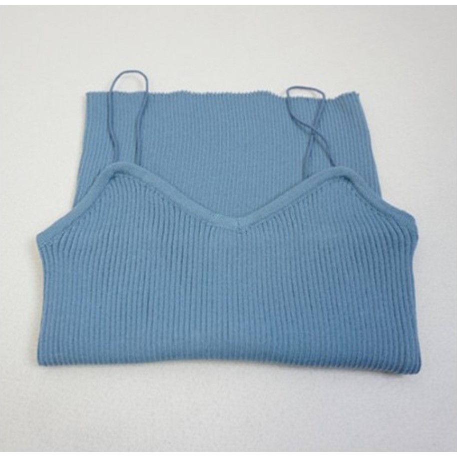 A01 Tanktop korea jepang tank top tali spaghetti V neck rajut lembut pakaian inner atasan wanita-Biru Muda