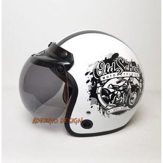 HELM BOGO Motif Old School Putih Glossy List Hitam  Full 