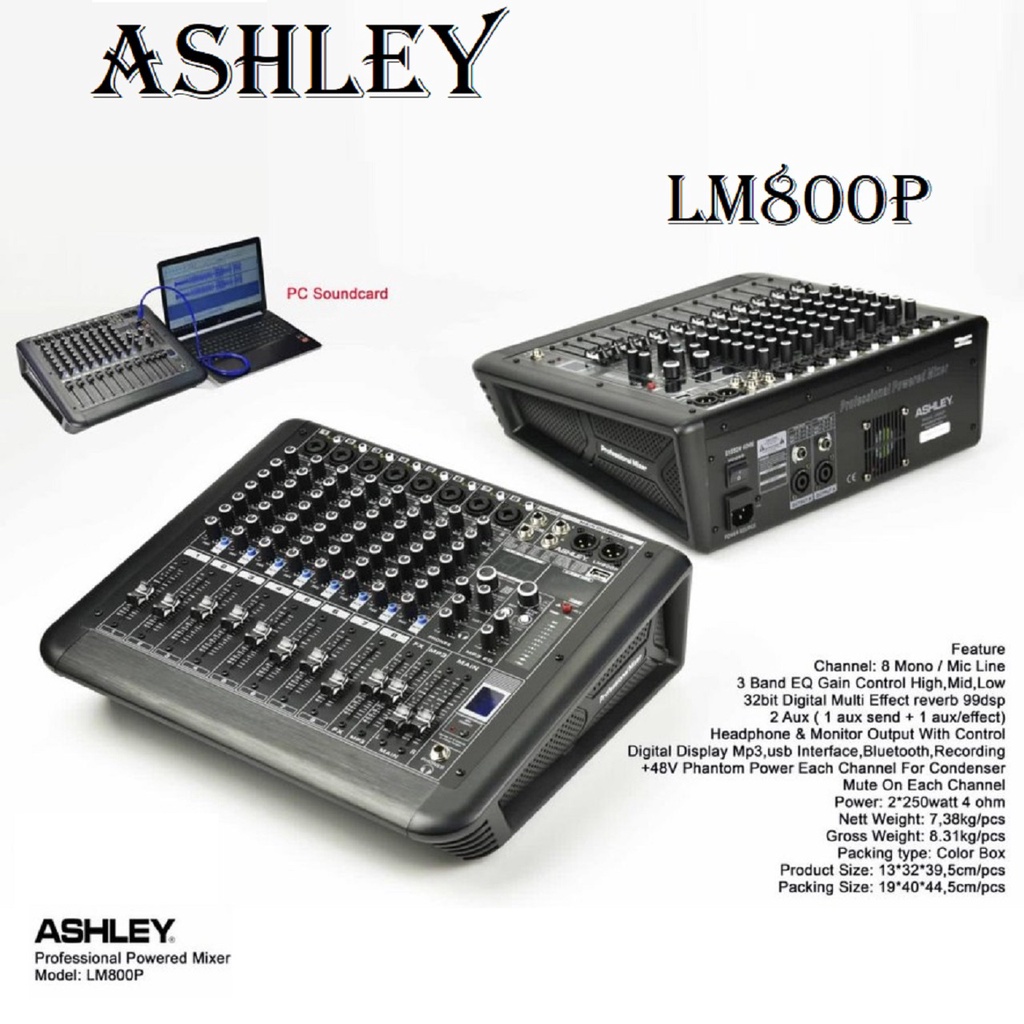 POWER MIXER AUDIO 8CH ASHLEY LM-800P ORIGINAL with sound card