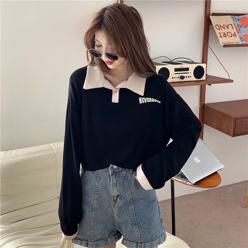 Sweater wanita | Neverhood Collar Kerah kancing Polos | Sweater Wanita Oversize  Korean Style Kekinian