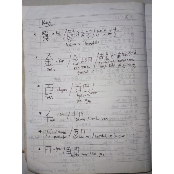 

Catatan bahasa jepang / catatan kanji jepang satu lembar