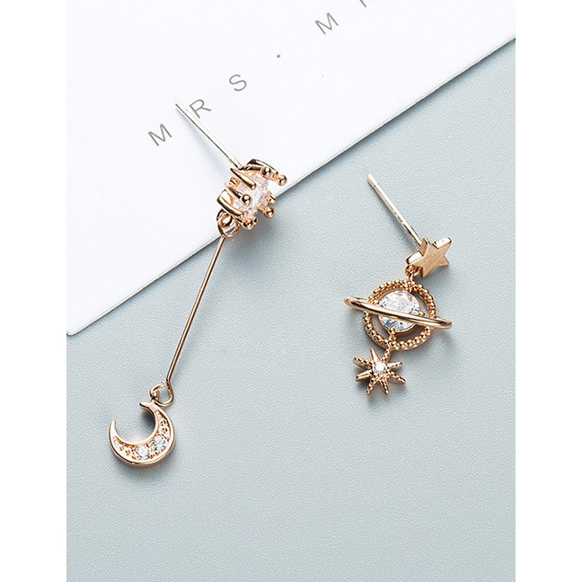 LRC Anting Tusuk Fashion Gold S925 Silver Needle Asymmetric Star And Zircon Stud Earrings F52412