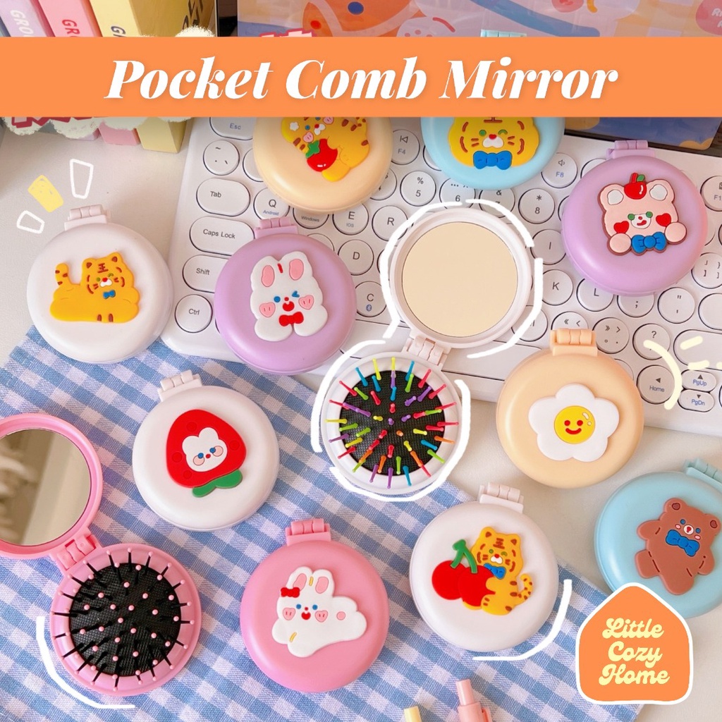 Pocket Comb Mirror 2 in 1 / Folding Airbag Massager Sisir Anti Rontok Cermin Lipat Lucu / Detangler Karakter Sikat Rambut Hair Comb Ala Korea