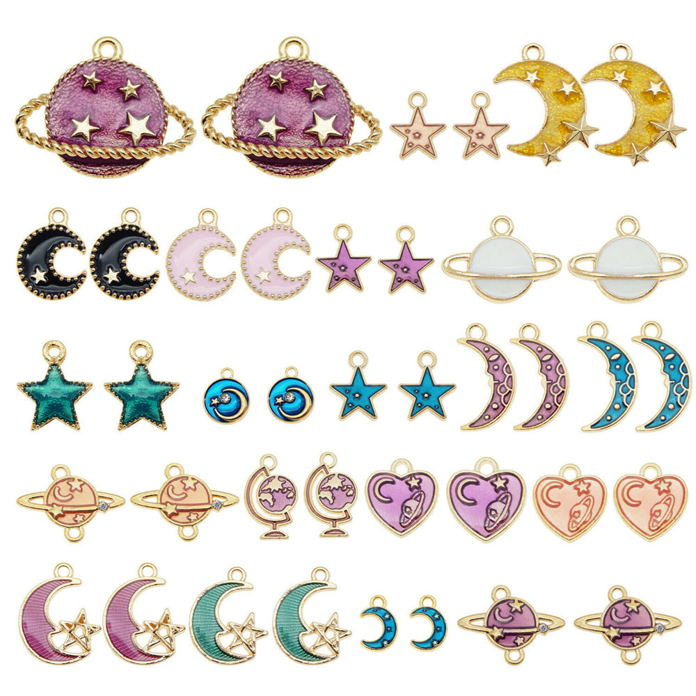 20PCS Enamel Charms Mixed Planet Star Crescent Moon Zinc Alloy Gold Tone Pendant Bracelet Jewelry Making