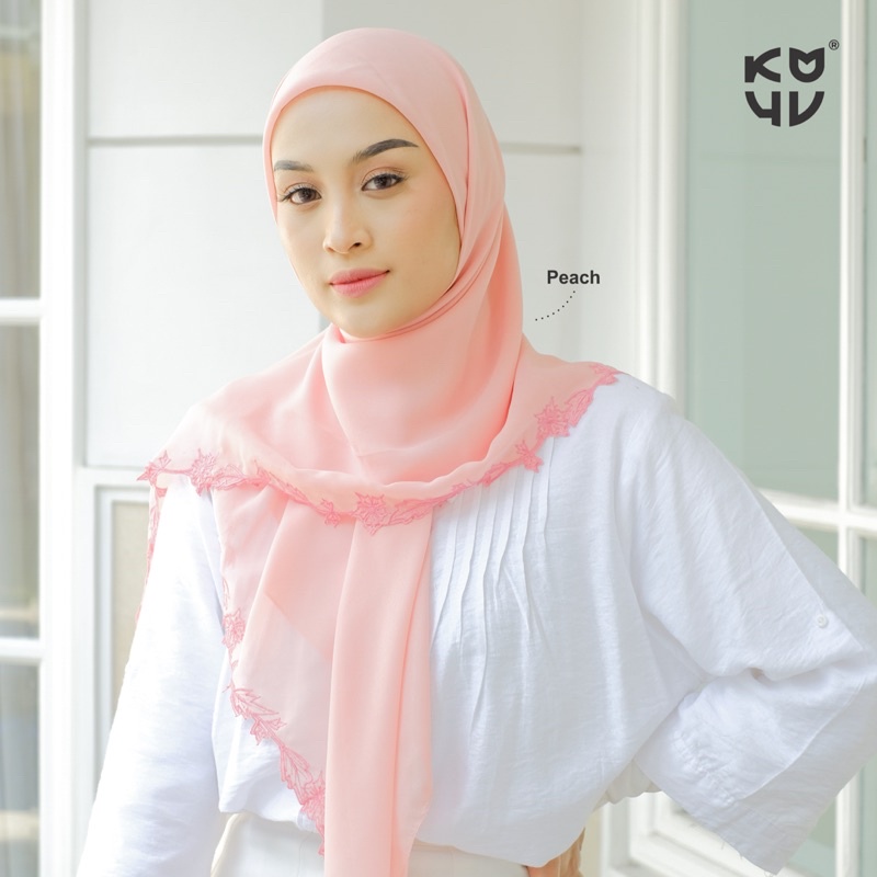 Koyu Hijab Segiempat Viney Jepang Lace Embroidery Daun