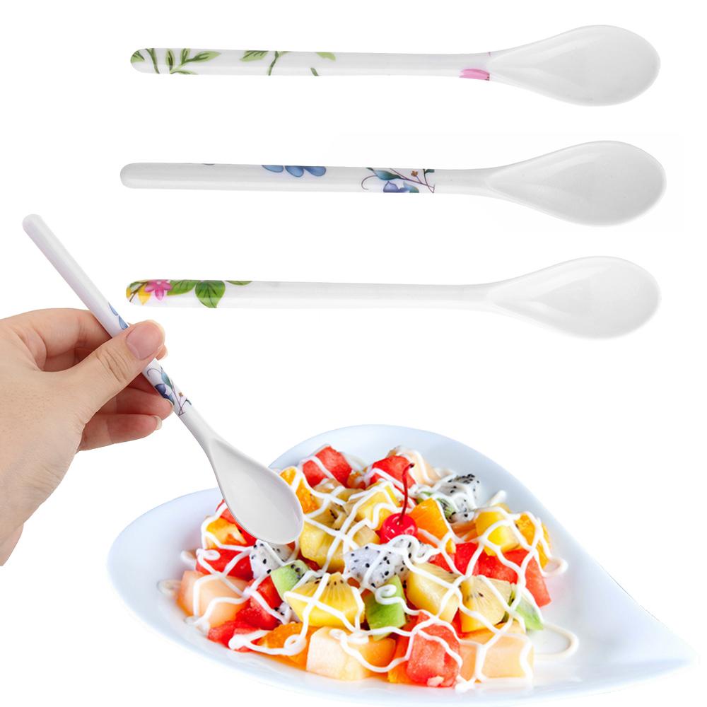 Solighter 1/3PCS Sendok Porcelain Sendok Garpu Teh Dessert Gagang Panjang