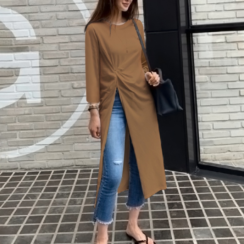 ZANZEA Womens Pleated Side Split Long Sleeve Casual Shirt O-Neck Irregular Long T-Shirt