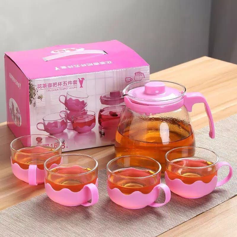 (PROMO) Teapot Warna Set 5in1 / Teko Set Gelas Kaca FREE BUBBLE / Tea Pot Warna / Kado Souvernir