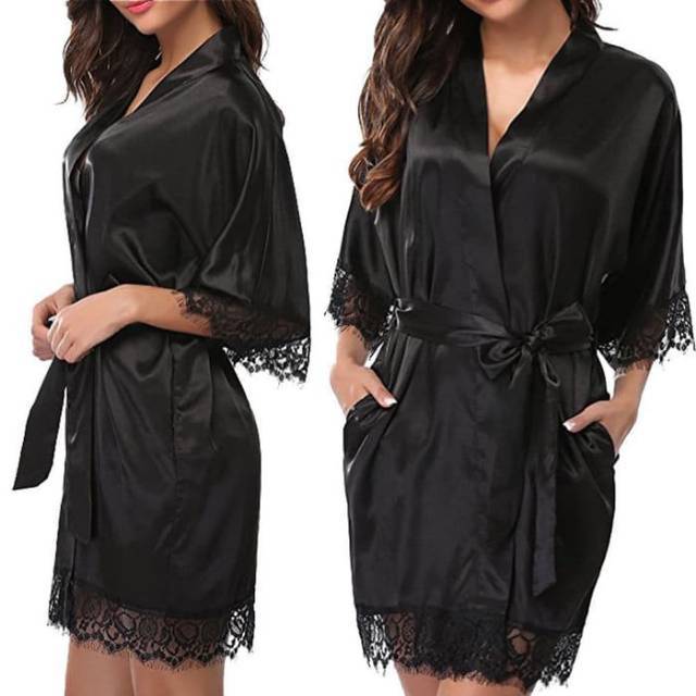 Kimono Wanita Satin Merah Putih Hitam M L