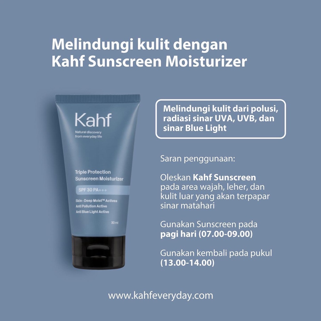 KAHF Triple Protection Sunscreen Moisturizer SPF 30 PA+++ Indonesia / Sunblock Wajah Pria 30ml / Suncare Sunblok UV Shield Tabir Surya Pelembab / Skincare Sun Care Face Wash Scrub Serum Cream Mask / Hair Body Eau De Toilette Deodorant Man Cowok Paket Set