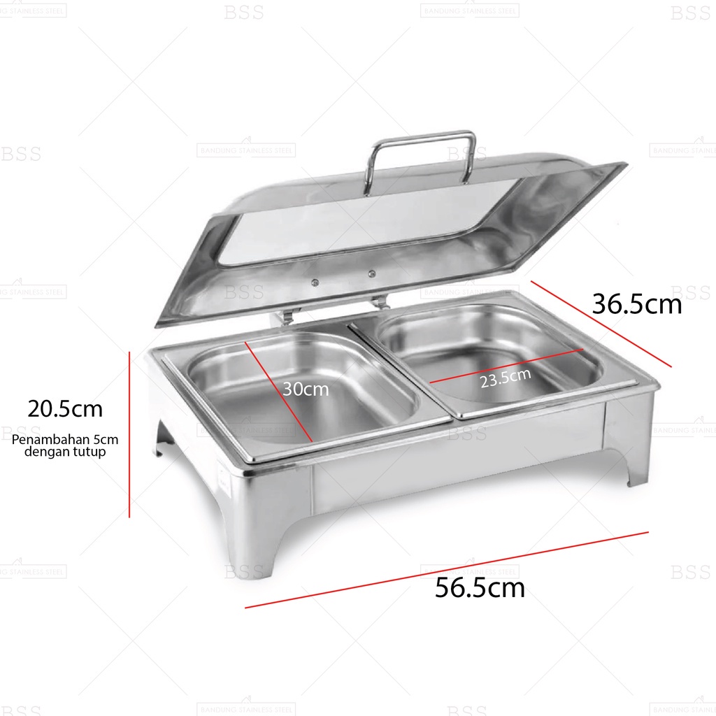 Chafing Dish HIDROLIK Tempat Wadah Makanan Saji Prasmanan Stainless 2 Sekat Kotak Kombinasi Kaca Hydraulic System Soft Closing