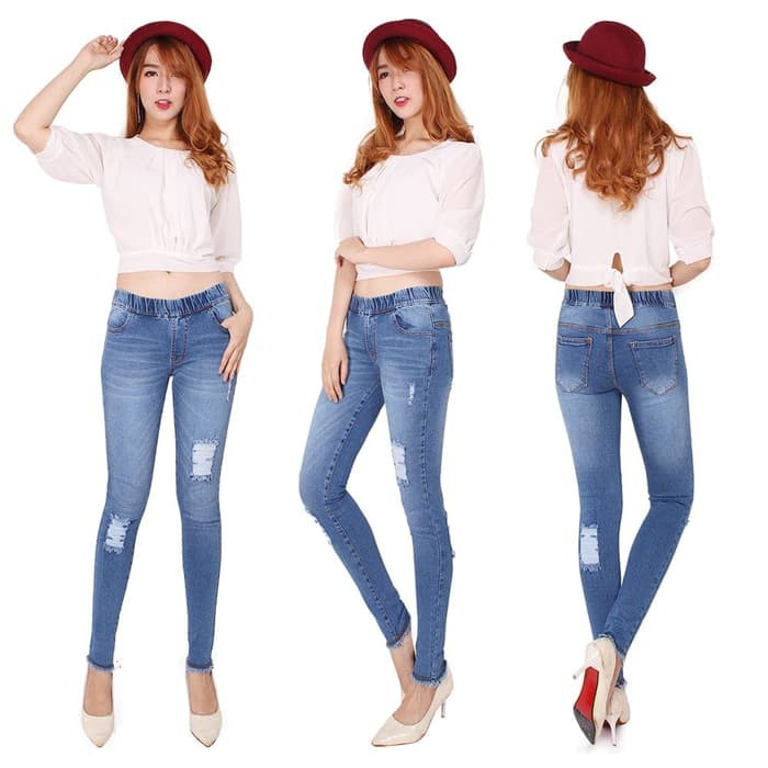 celana jeans wanita karet pinggang sobek puring rumbai rawis