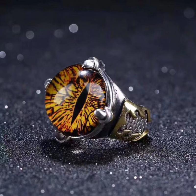 Cincin Model Terbuka Desain Mata Iblis Bahan Resin Warna Kuning Gaya Vintage Punk Gothic Untuk Pria