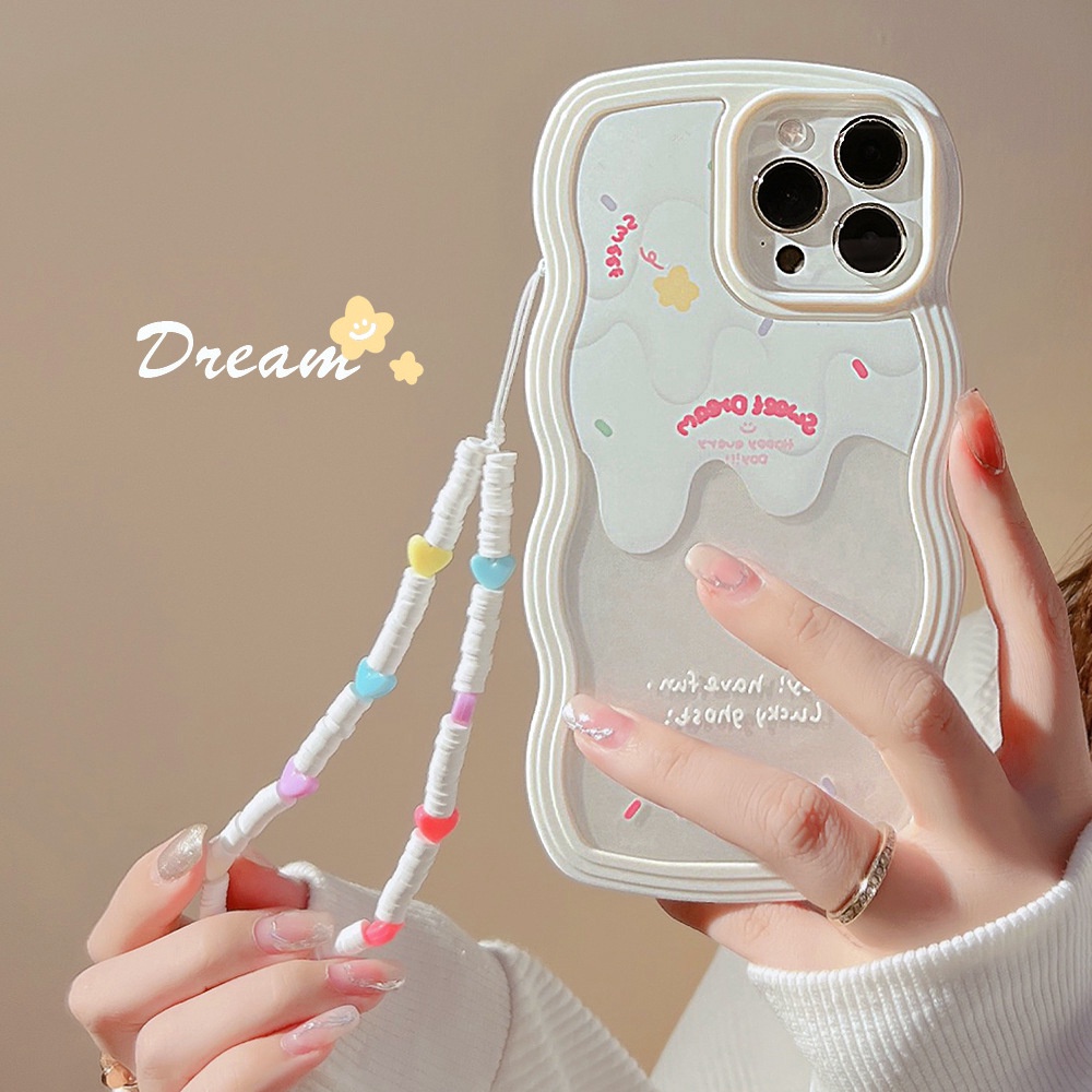 Cream 2in1 Transparan Penuh Perlindungan Ponsel Case Cover Dengan Rantai Manik-Manik Tembikar Lembut Untuk Iphone X XR XS 11 12 13 14 PLUS PRO MAX