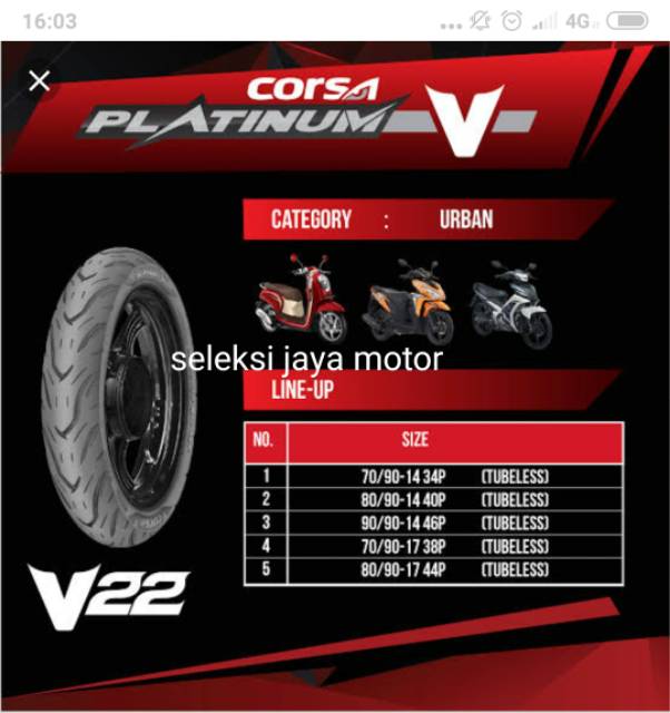 Ban tubles matic corsa type platinum V22 uk.80/90.14.free pentil..untuk semua jenis motor matic