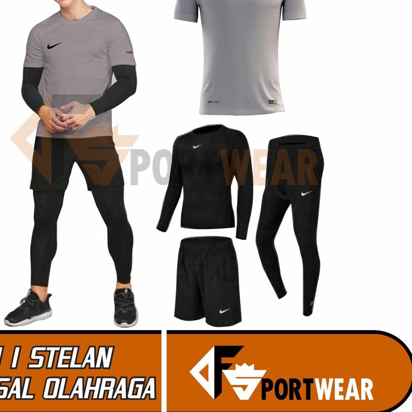 Full Set [ 4 in 1] Stelan Olahraga Pria Premium Manset Baju Futsal Running NlKE {ABU}