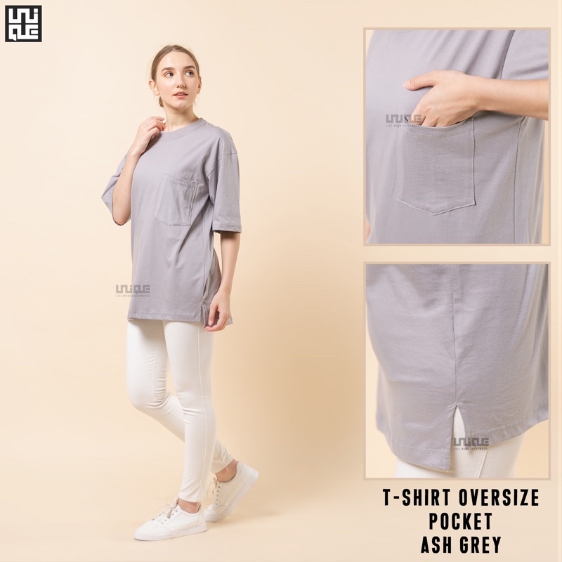 UNIQUE - (Pocket Series) Kaos Polos Oversize Pocket Cotton Combed 24s Pria & Wanita Tshirt Oversized Korea Croptop Hypbeast-Ash Grey