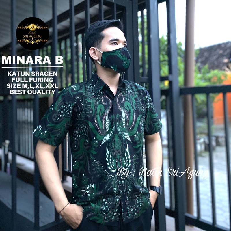 Kemeja batik premium pria terbaru katun sragen hijau army botol. Minara sri agung