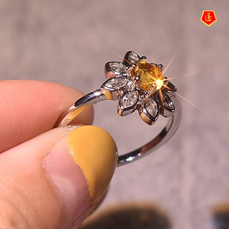 [Ready Stock]Retro Sunflower Diamond-Studded Ring Simple All-Match