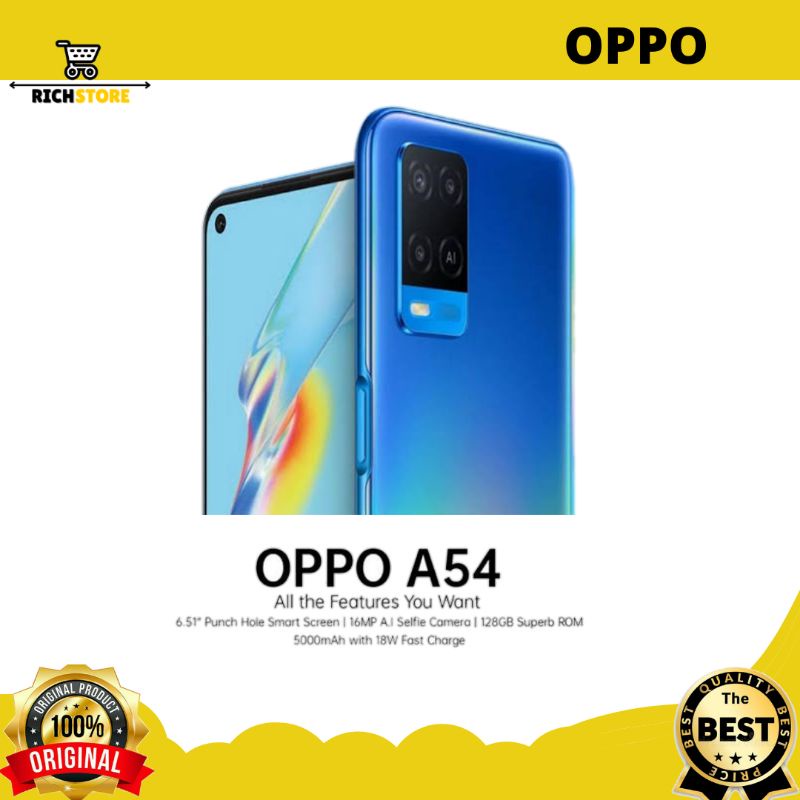 OPPO A54 Handphone RAM 6GB/128GB Smartphone Quad Camera Android 10 Battery 5000Mah - Garansi OPPO